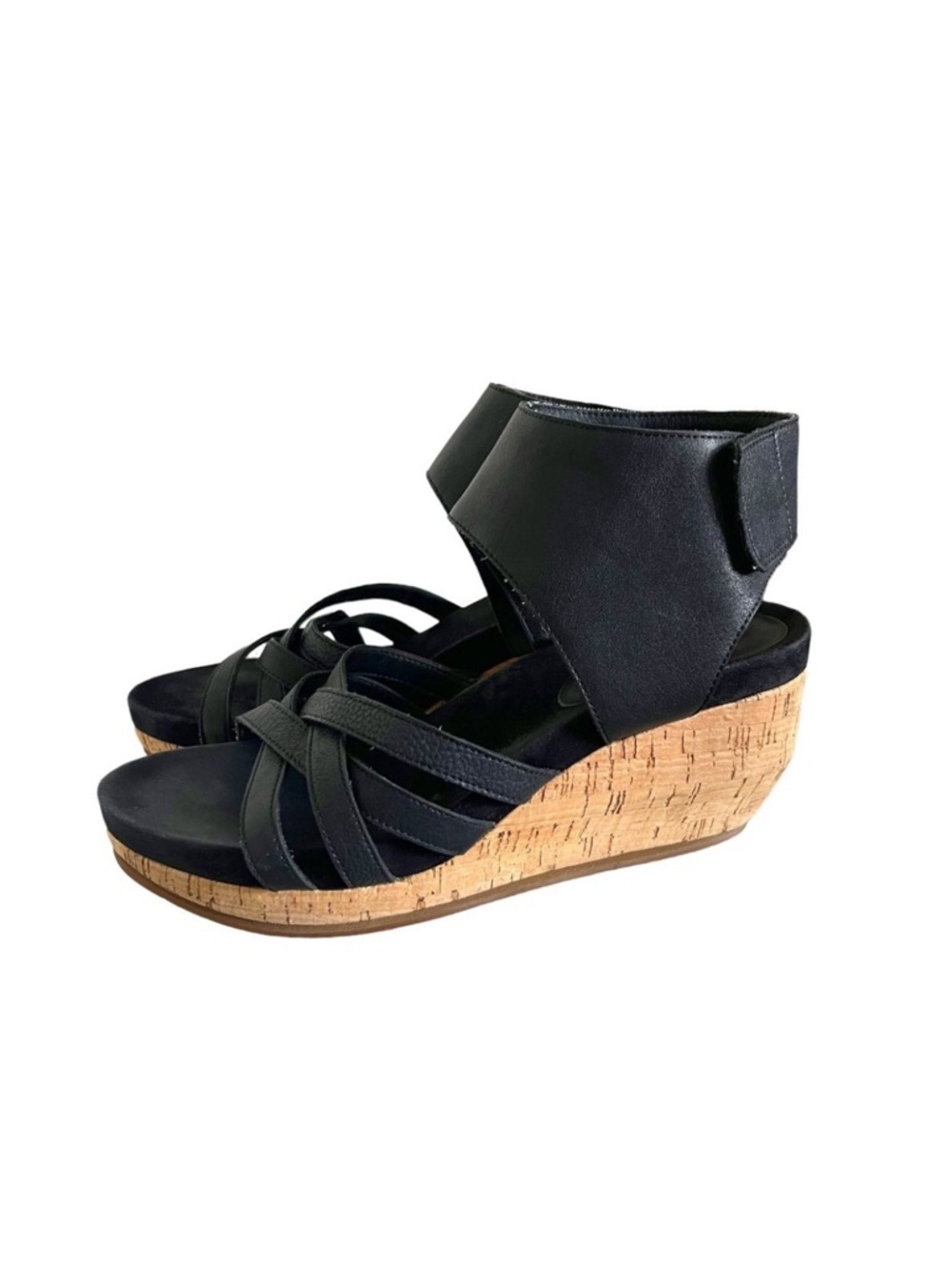 Eileen Fisher Vast Cork Wedge Leather Ankle Sandal In Black Size 8